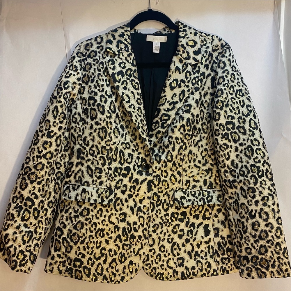 Chico's Blazer Jacket Womens 1 Medium Animal Print Gold Black Metallic Button